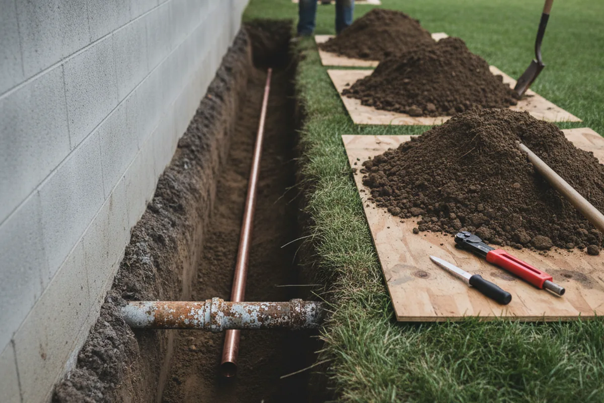 Excavated water line trench during Water Softener Installation in Hiwasse